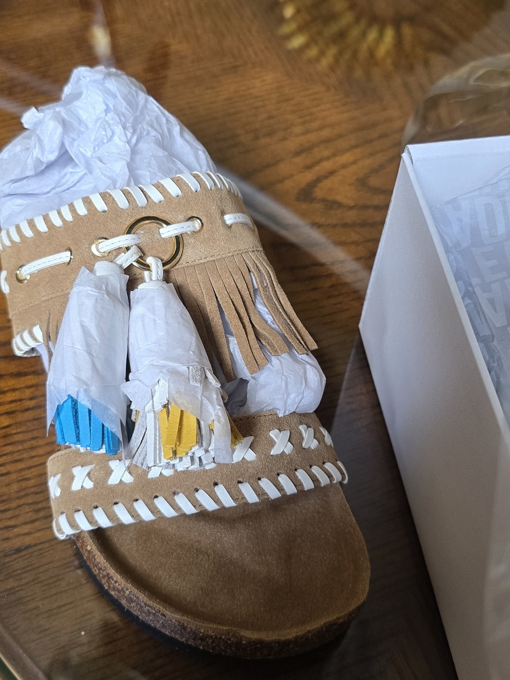 Steve Madden Fringe Tassel Suede Slide Sandals in Camel with White Trim